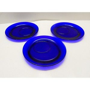 Cobalt Blue Glass Cocktail Cheese Appetizer Plates Drink Holder 6 Inch Set of 3